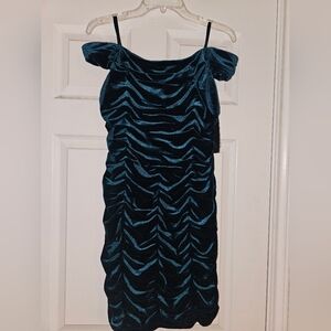 Off the Shoulder Velvet Dress in Teal Green